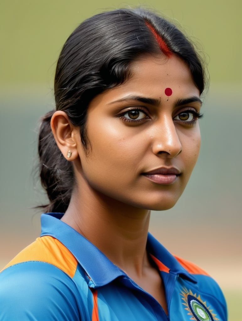Mitali Raj, Indian cricketer - Abstract form, bold colors, patch work technique portrait side face, no make up, natural style
