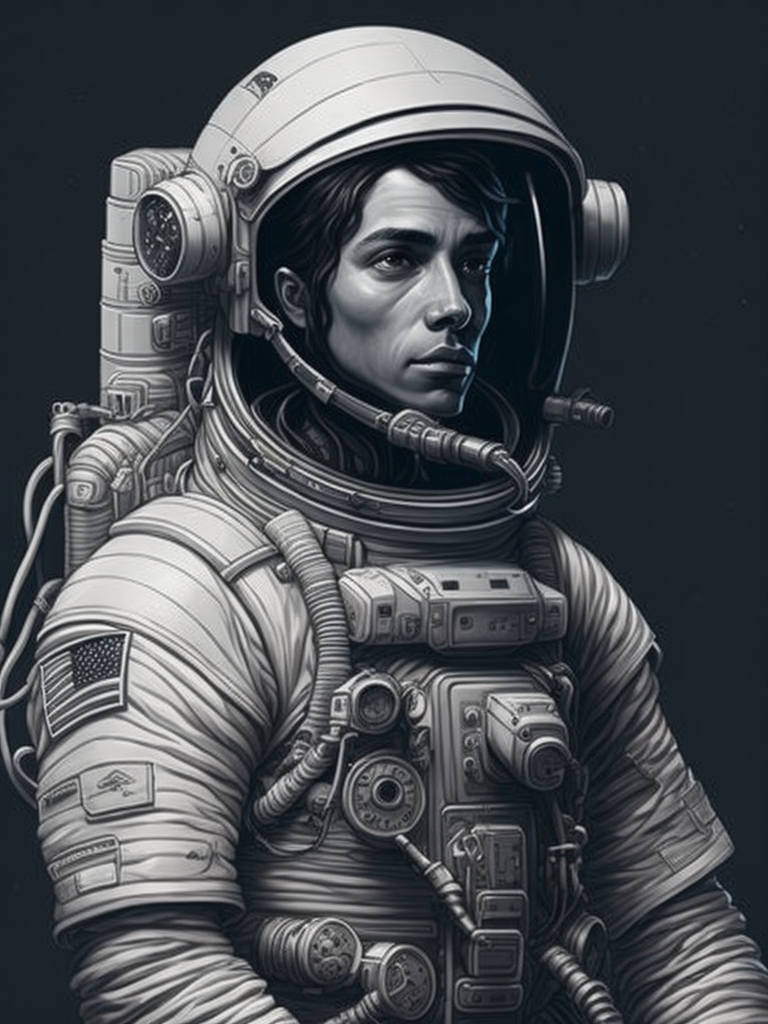 A black and white drawing of an astronaut, an ambient occlusion render by esao, cgsociety, space art, sci-fi, chillwave, ue5