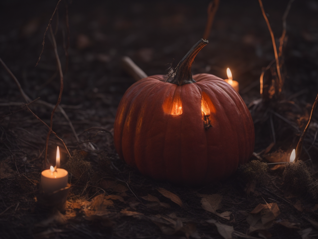 Night. Pumpkin. Dripping thin and long candles on forest ground, twigs. Many Shadows and dim scene. Red undertone.