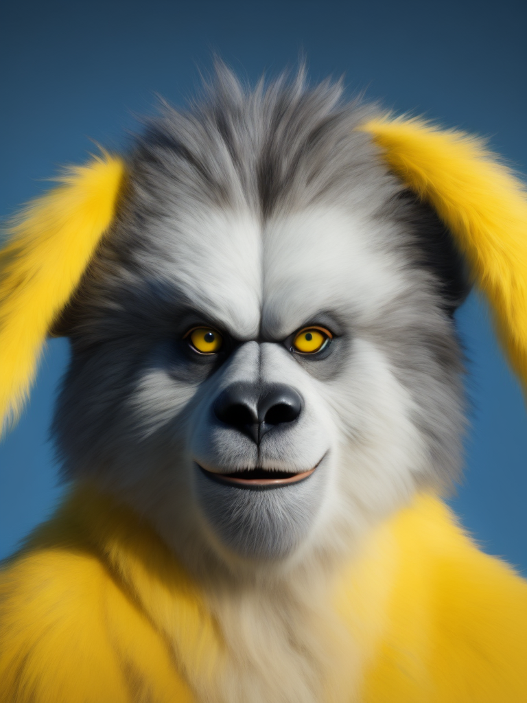 photorealistic portrait of Yeti, bright yellow fur, kind facial expression, bright blue background