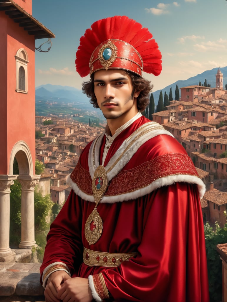 A young man in a headdress and red clothes against the backdrop of an Italian town, style of Alessandro Allori