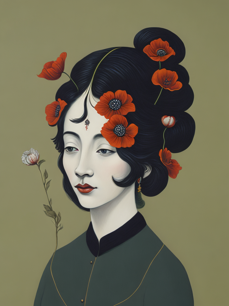 ultrafine detailed painting of a woman with a n opium poppy flower in her hair, whimsical, detailed painting