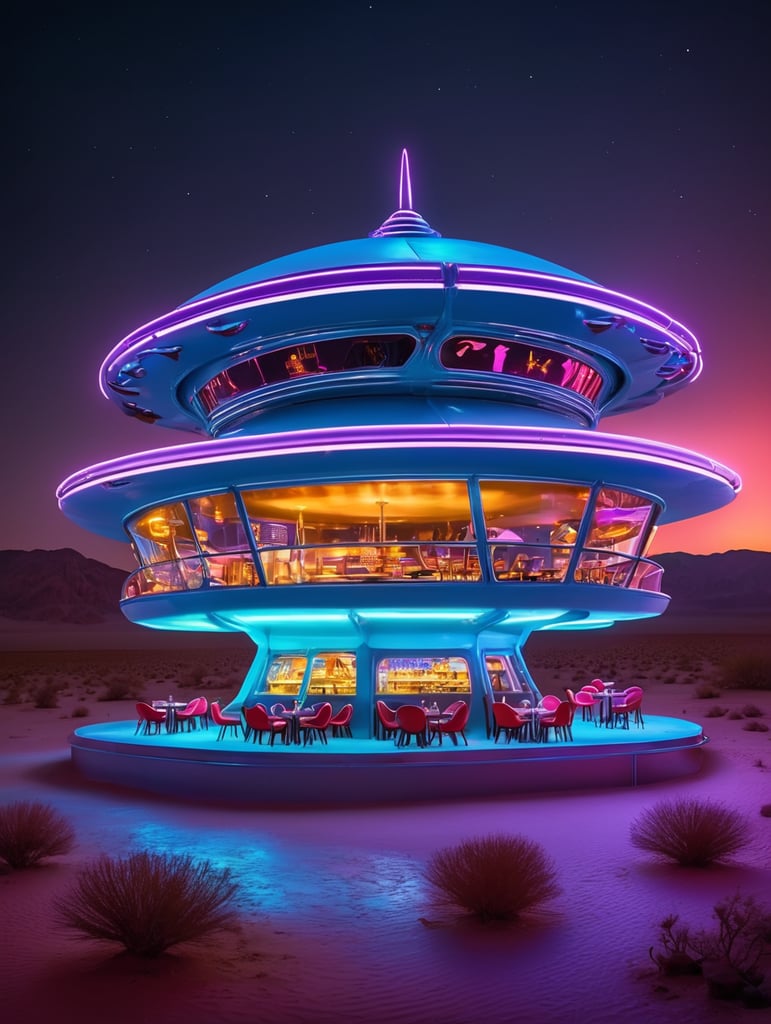 futuristic ufo cafe, desert, an night, neon, glass
