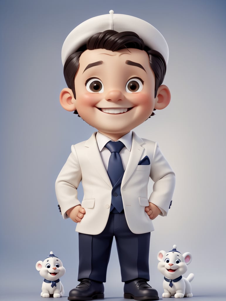 Male orthodox religious jewish boy with white skin, smiling, full body, wearing a navy suit and tie and a yarmulke.