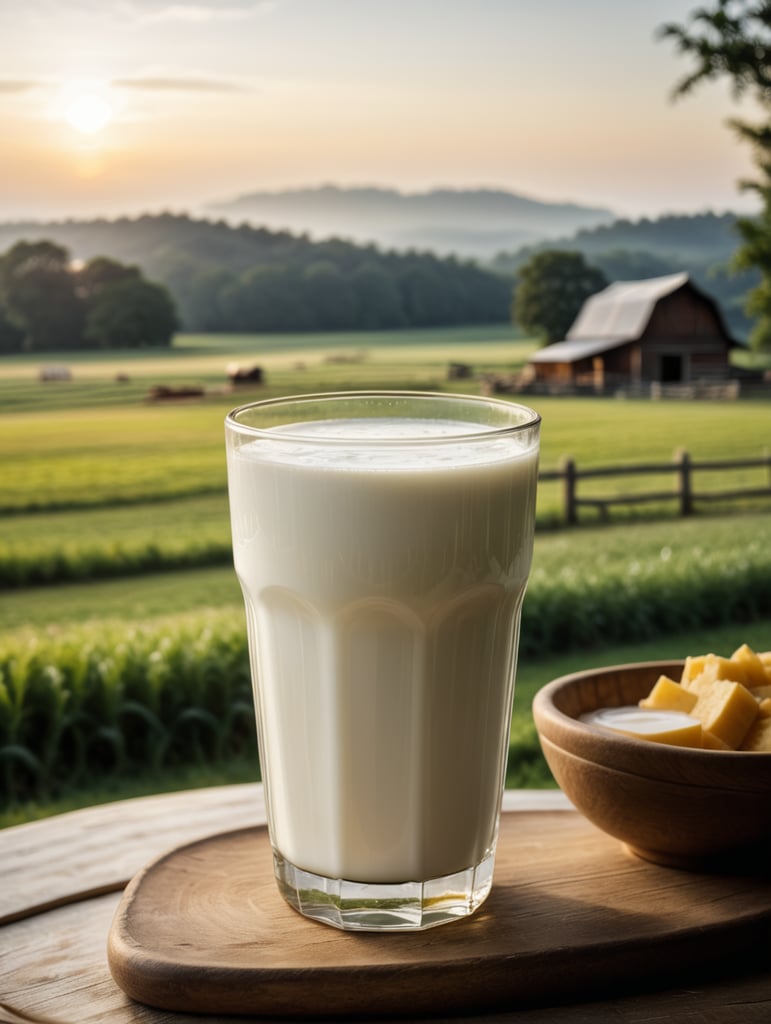 A mockup of a glass of milk, early morning, farm blurred background