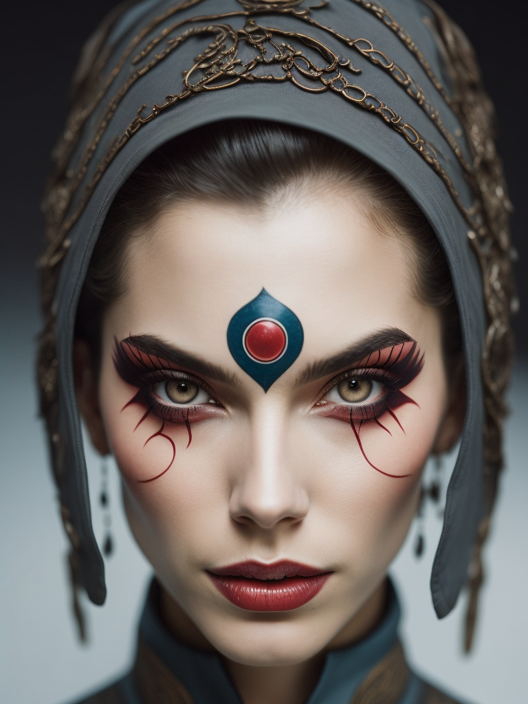 a woman with red facial tattoos and eye makeup, in the style of futuristic shapes, gregory colbert, symmetrical asymmetry, light blue and maroon, zen-inspired, gender-bending iconography, goblincore