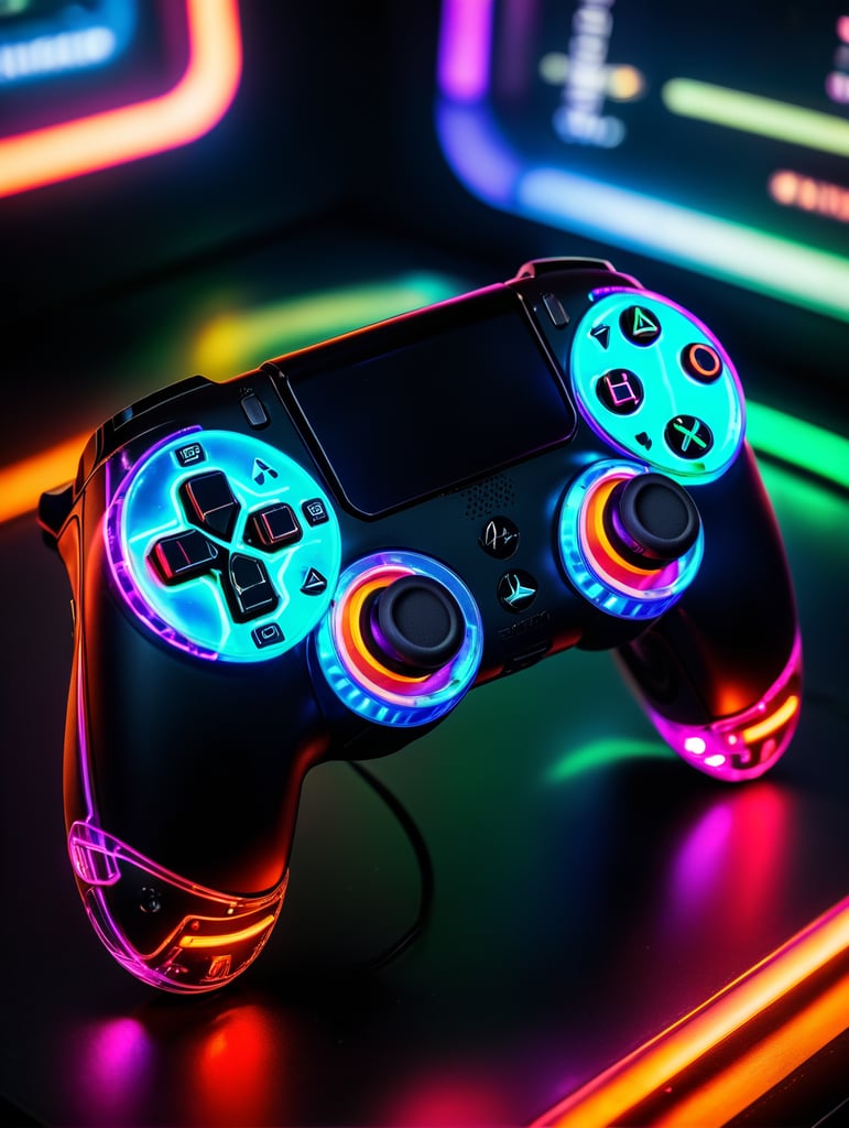 Design a futuristic, neon-colored gaming controller in the style of a playstation controller, glowing neon, semitransparent, deep vibrant colors, high details