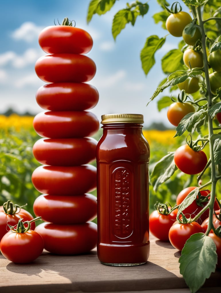 several red tomatoes stacked together forming a ketchup bottle with some leaves around it, beautiful tomato plantation in the background and a blue sky, short grass and yellow flower, creamy light, ambient lighting, beautiful colors