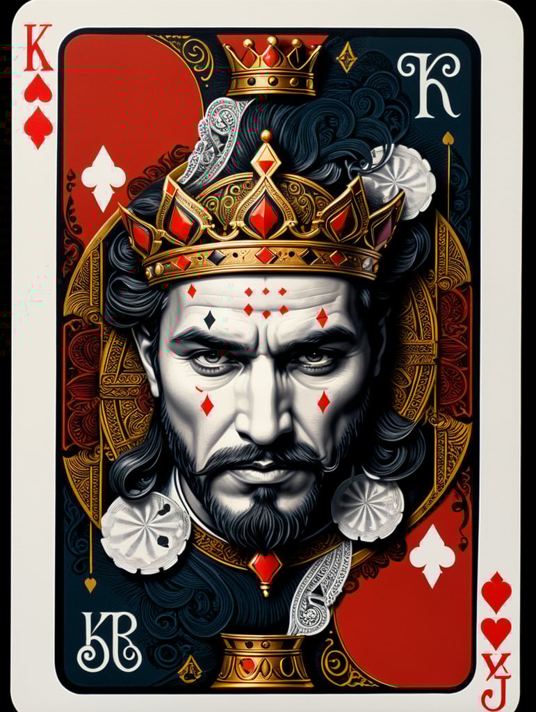 king of clubs playing card, face card, linocut art style, black ink, ultra realism, super detailed, professional shot, bold saturated colors, sharp focus, highly detailed