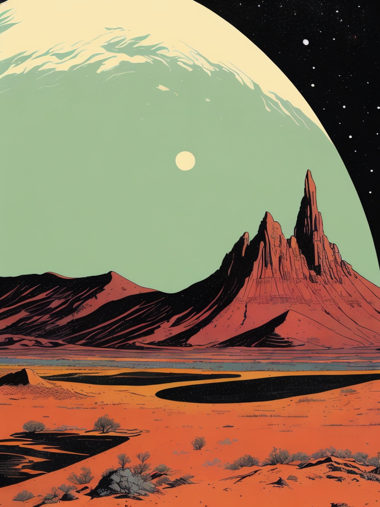 surreal looking alien planet from space, retro star trek, Moebius