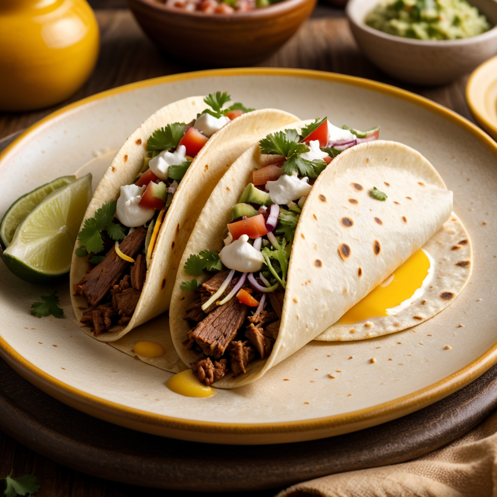 soft open flour tortilla mexican taco over yellow plate