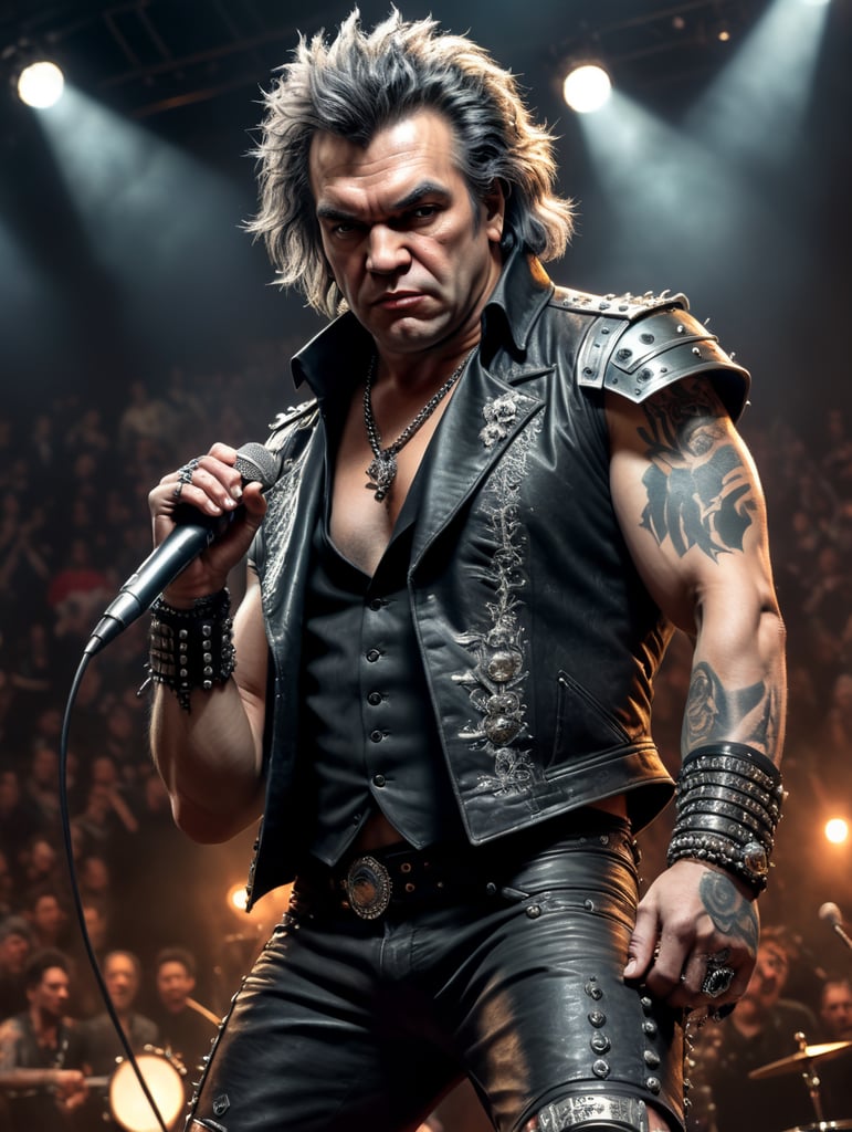 Ludwig van Beethoven as a punk rocker, full body, on a mic, tattoos, piercing
