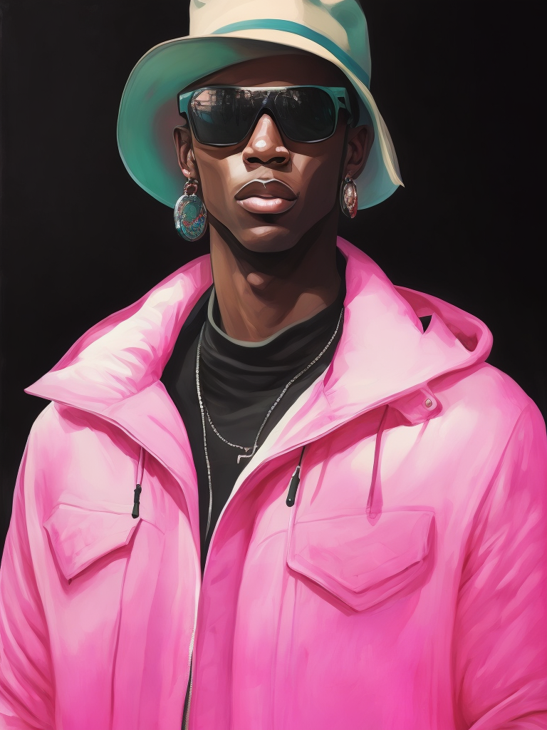 Black male fashion model, Wearing a pink jacket and a green panama hat, large black sunglasses, Black background, Bright and rich colors, bright saturated color, sharp focus,