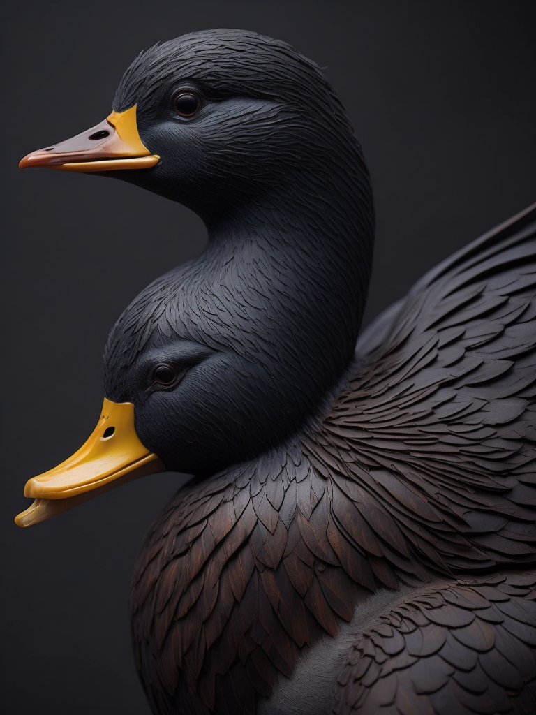 a duck carved from the dark reed wood, detailed, deep carving, handcrafted