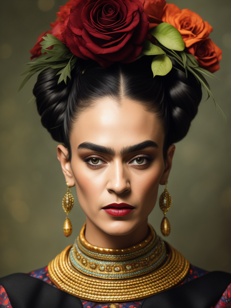 Portrait of Frida Kahlo, bright and saturated colors, elegant, highly detailed, vogue, fashion magazine, sharp focus, bright expressive makeup, dramatic lighting, depth of field, incredibly high detailed, blurred background, Headdress made of fine vegetables and herbs.