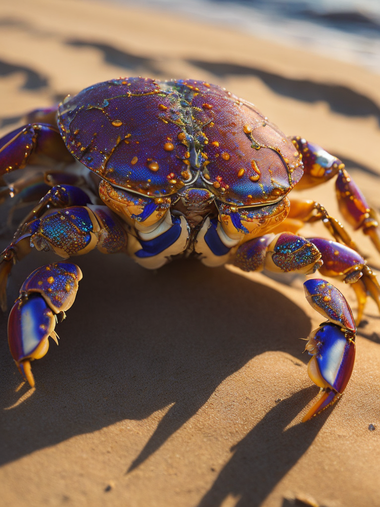 A hyper-realistic, high-resolution 16k image capturing a close-up of jeweled crabs, their shells adorned with intricate patterns and vibrant colors. The crabs should be situated on a sandy beach, the grains of sand providing a contrasting texture to the smoothness of their shells. The lighting should be the warm, golden light of a setting sun, casting long shadows and highlighting the jewel-like colors of the crabs. The composition should be a macro shot, focusing on the crabs and showing the world from their perspective.