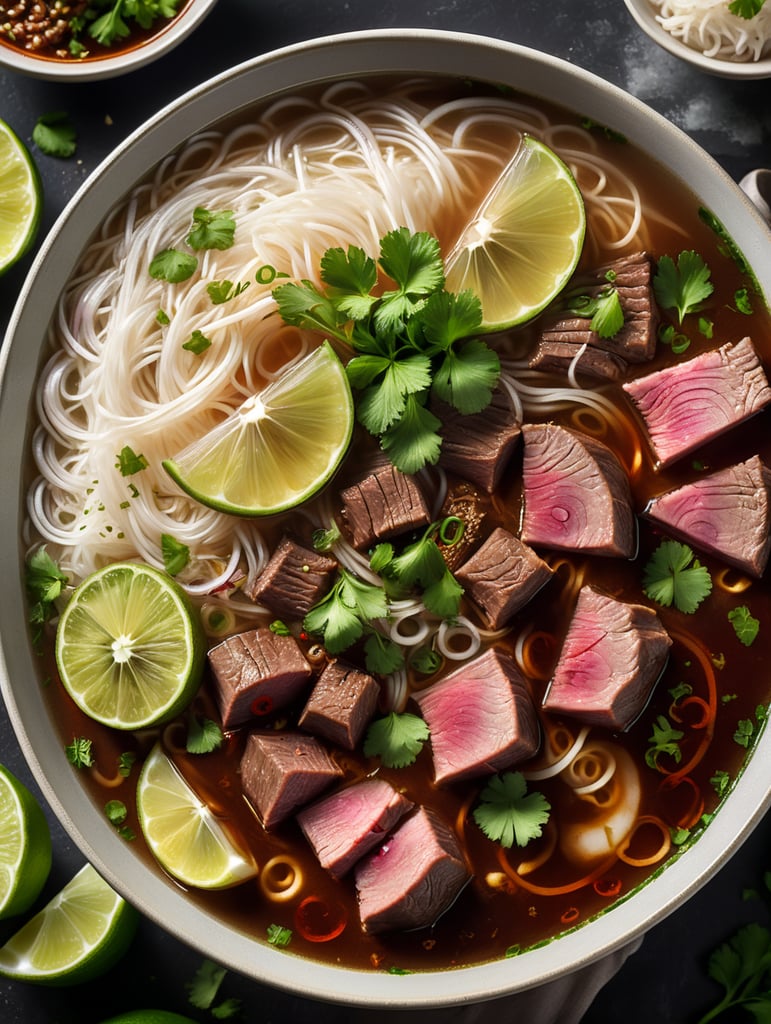 Aromatic beef broth, slices of boiled beef, rice noodles, soy sprouts, red onion, green onion, ginger, lime, mint, cilantro, chili pepper