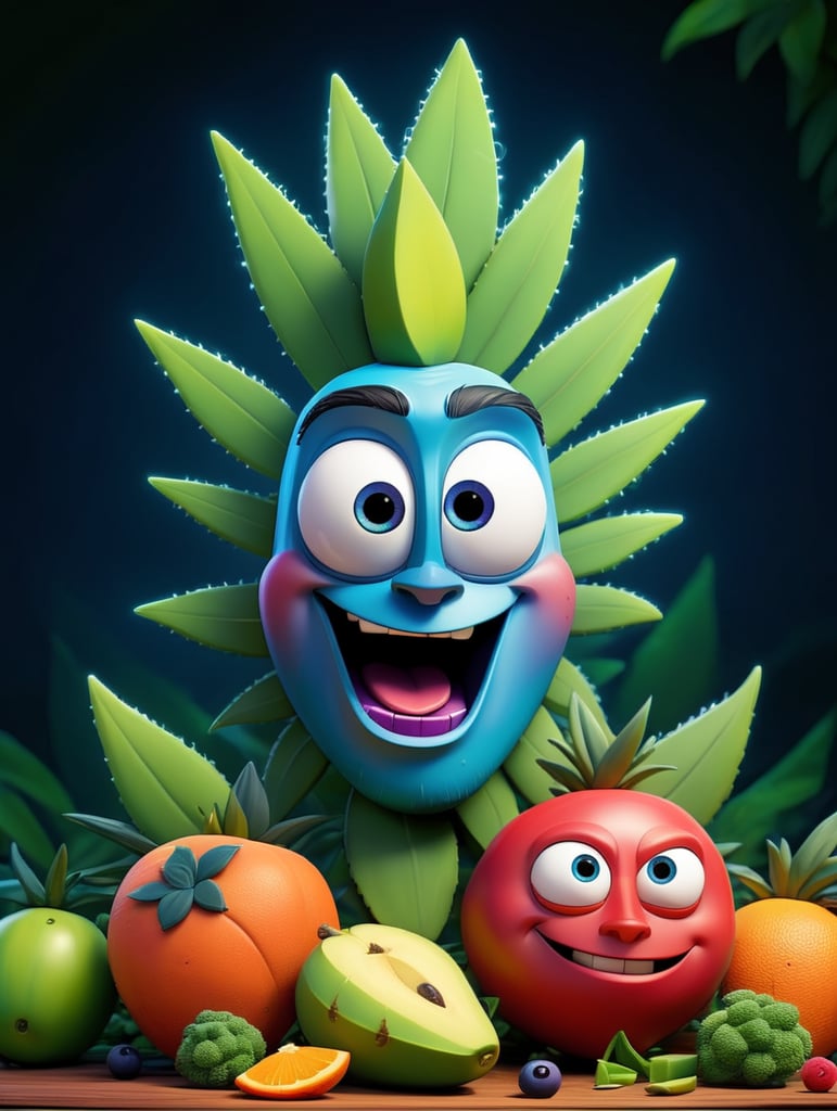 Cannabis leaf surrounded by exotic fruit, berries, and vegetables