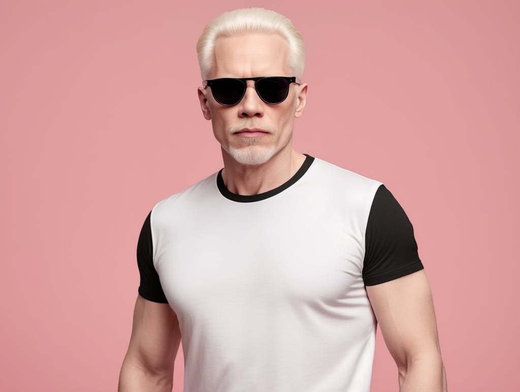 A middle-aged albino man wearing a white T-shirt, wearing black sunglasses, Contrasting studio light, isolated, pink background, mockup, mock up