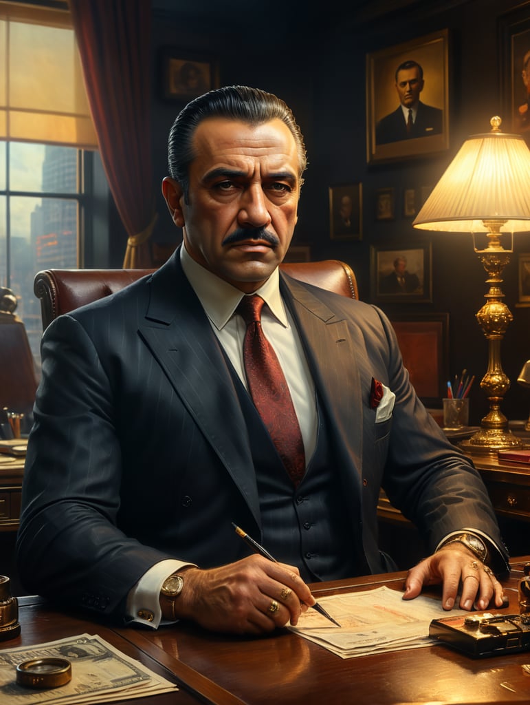 beautiful oil matte portrait painting, mafia boss at his 50s new york office desk, wonderful masterpiece highly detailed, beautiful cinematic light deep focus, elegant, digital painting, smooth, sharp focus, golden ratio, dramatic illumination, ultra realistic, 8k,