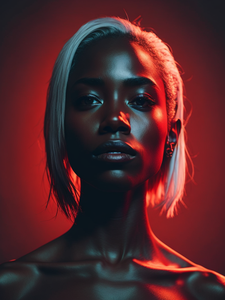 black girl on a red background, red light reflection on her face, White hair