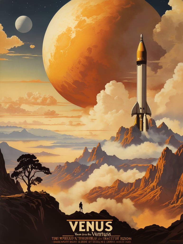 Ein Vintage-Reiseplakat für Venus im Hochformat. Die Szene zeigt die dicken, gelblichen Wolken der Venus mit der Silhouette eines sich nähernden alten Raketenschiffs. Geheimnisvolle Formen deuten auf Berge und Täler unter den Wolken hin. Der untere Text lautet: „Explore Venus: Beauty Behind the Mist“. Das Farbschema besteht aus Gold-, Gelb- und sanften Orangetönen und erweckt ein Gefühl des Staunens.