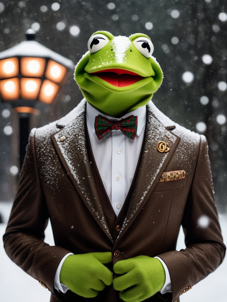 Kermit the frog wearing a brown gucci suit, gucci promo photo, 8k photo, snowing outside, dark hues, 8k photography, studio lighting, promo