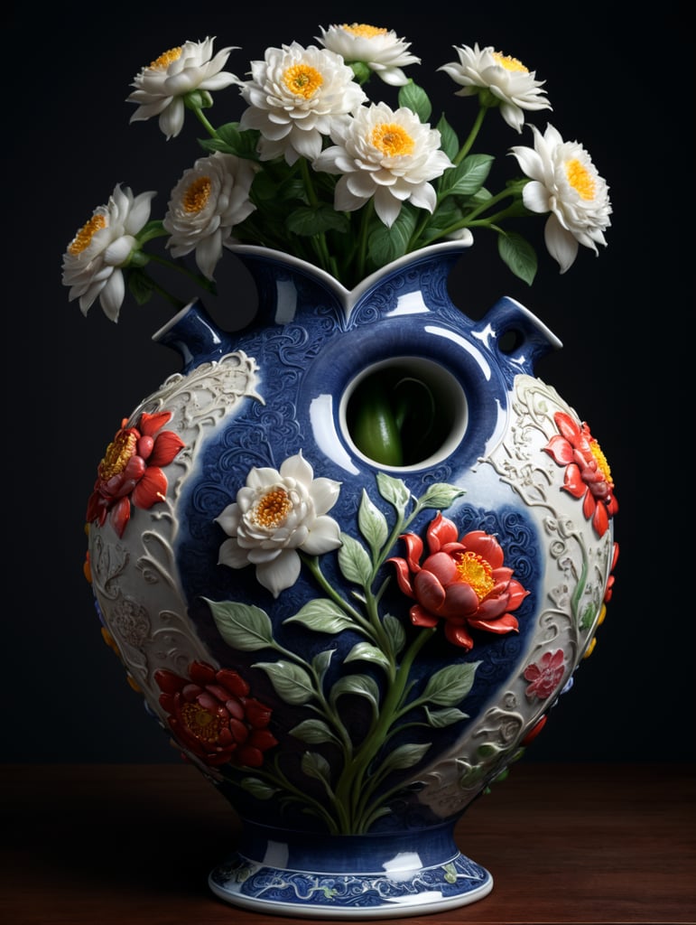 Chinese porcelain human heart vase, with flower