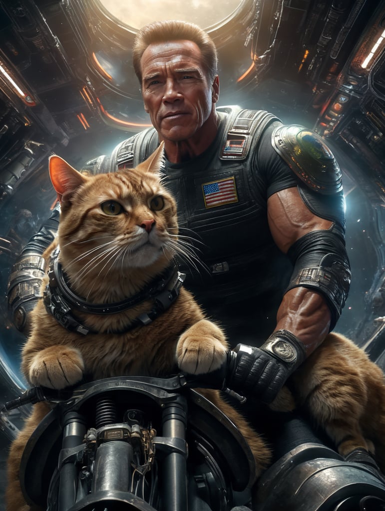 arnold schwarzenegger ride a cat in space