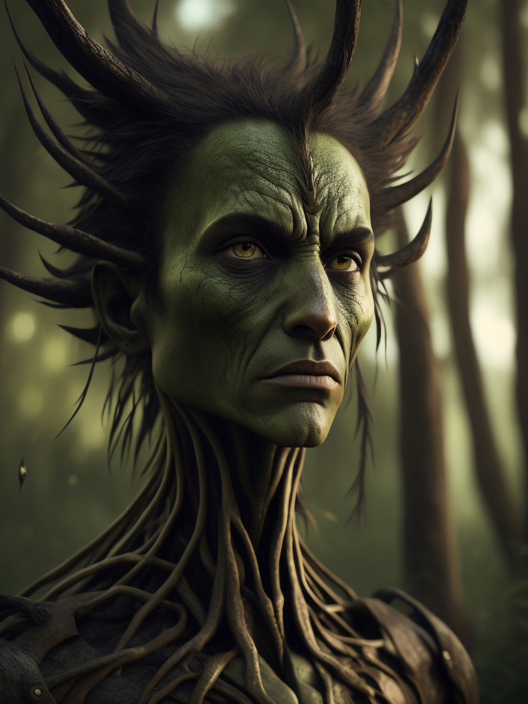 A green-skinned tall thin humanoid tree, with grass for hair, a long narrow head, very thin lips and nose, almost no forehead, and huge eyes covering one third of its face. thin body with branches for fingers.