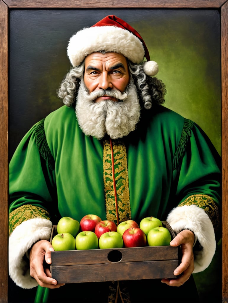 Portrait of an Italian Santa Claus in 17th century clothing holding a box of ripe apples. The apples have the right texture and green color. The box is made of dark wood with a beautiful texture.