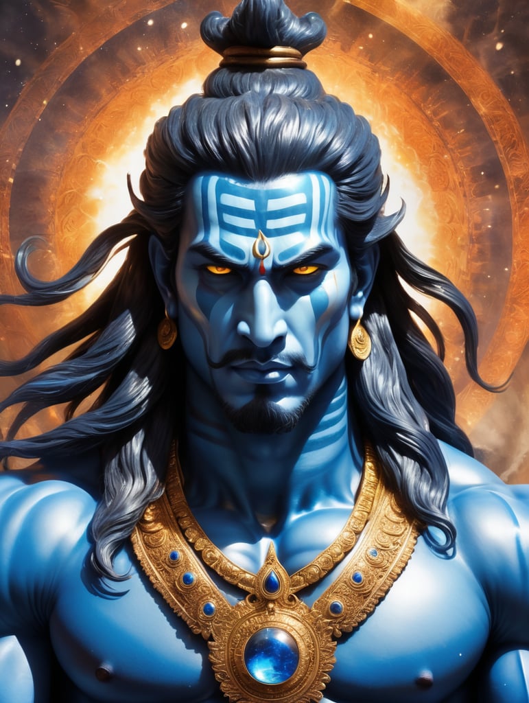 "A powerful and majestic depiction of Lord Shiva, with blue skin glowing in a divine light. His face is filled with intense anger, and his eyes radiate fierce energy. From his third eye, a beam of fiery energy (laa) is emerging, symbolizing his supreme power. Shiva's body is muscular, with defined six-pack abs, showcasing his strength and vitality. His long, flowing hair is styled in an intricate manner, framing his face and extending down his shoulders. The expression on his face and the commanding aura around him exude an overwhelming presence, compelling all to bow before him. The background is dramatic, with cosmic elements reflecting his divine nature."
