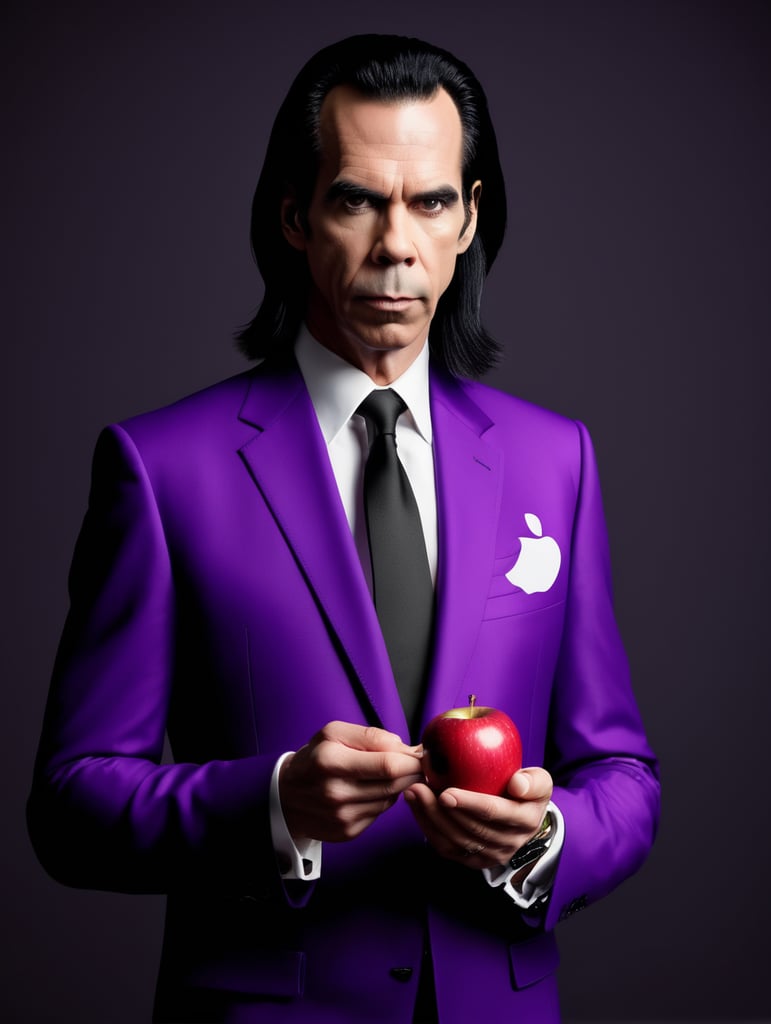 nick cave in purple minimalistic suit with apple in a hand black background