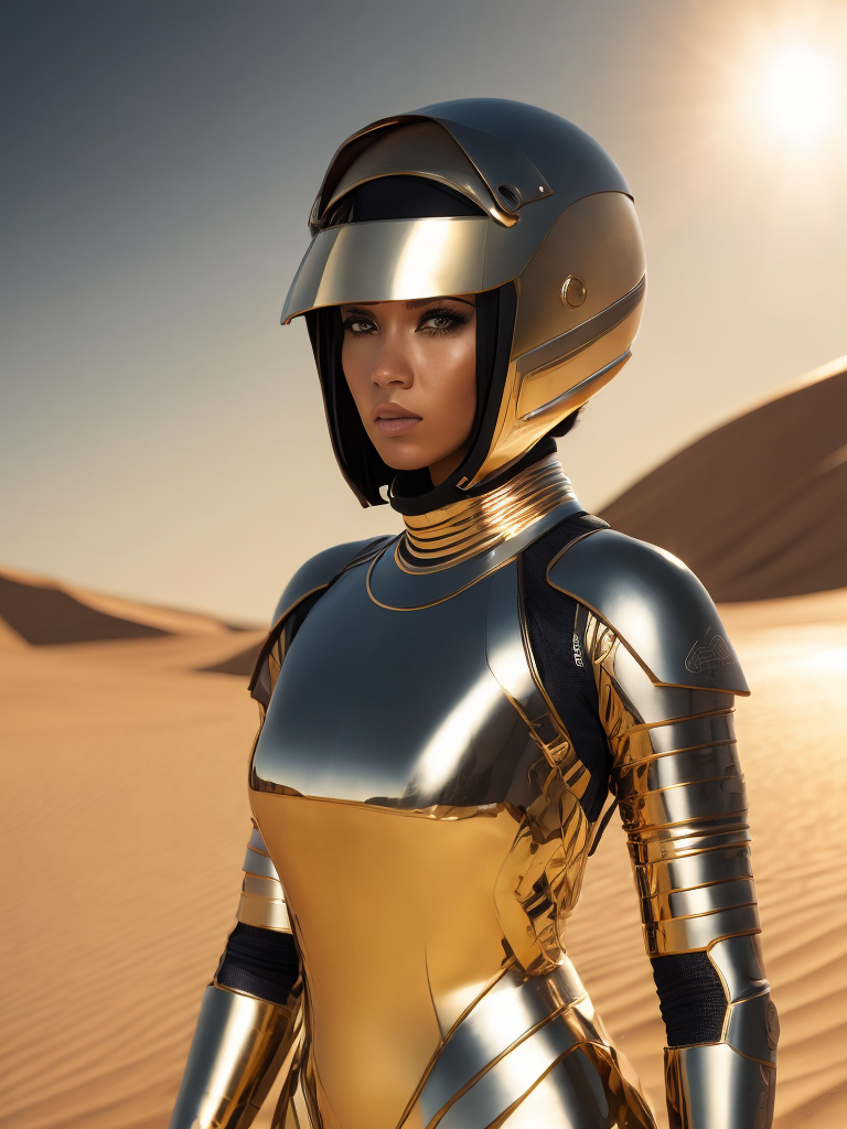 Cyber girl wearing gold chrome helmet, shining reflections, walking in the desert, photorealistic, hyper-detailed, dune atmosphere