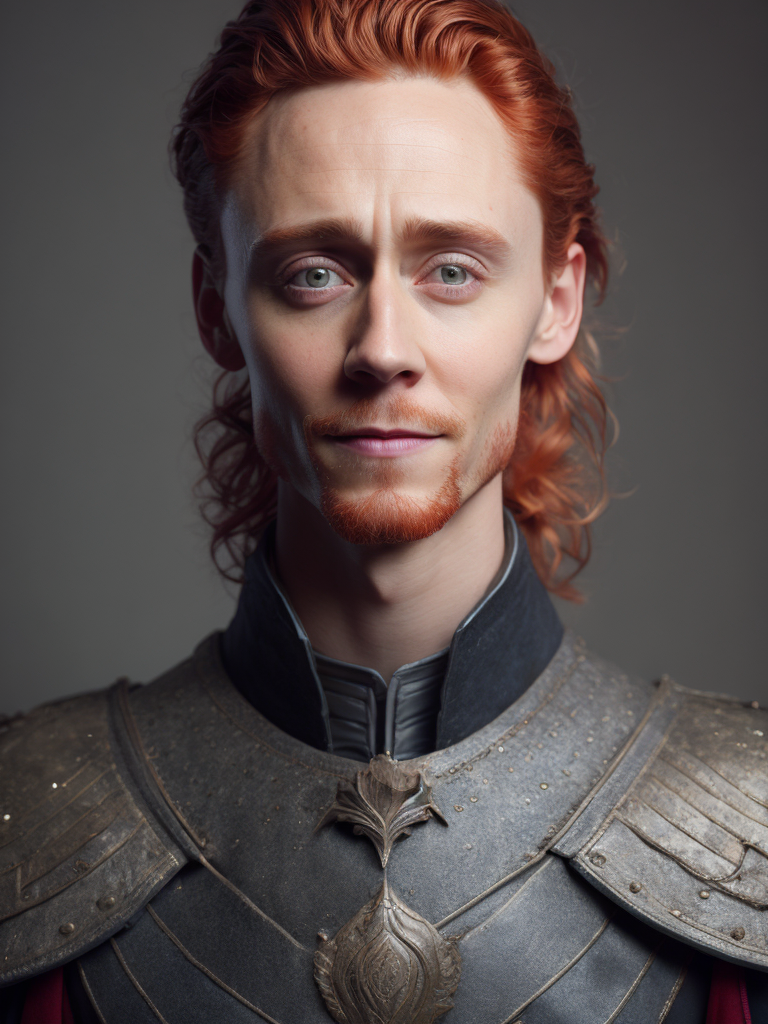 Portrait of Tom hiddleston with red hair in medieval style, detailed face, contrasting light