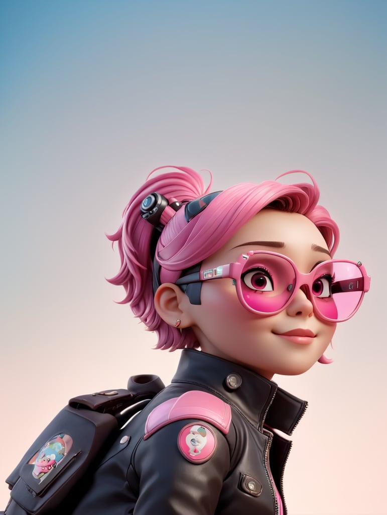 cyborg android, dressed in pink glasses and a leather jacket