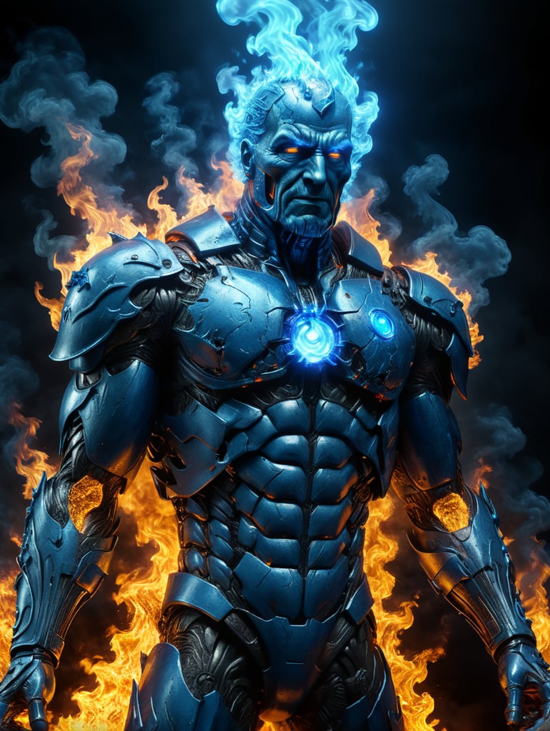 blue glowing radioactive man on fire