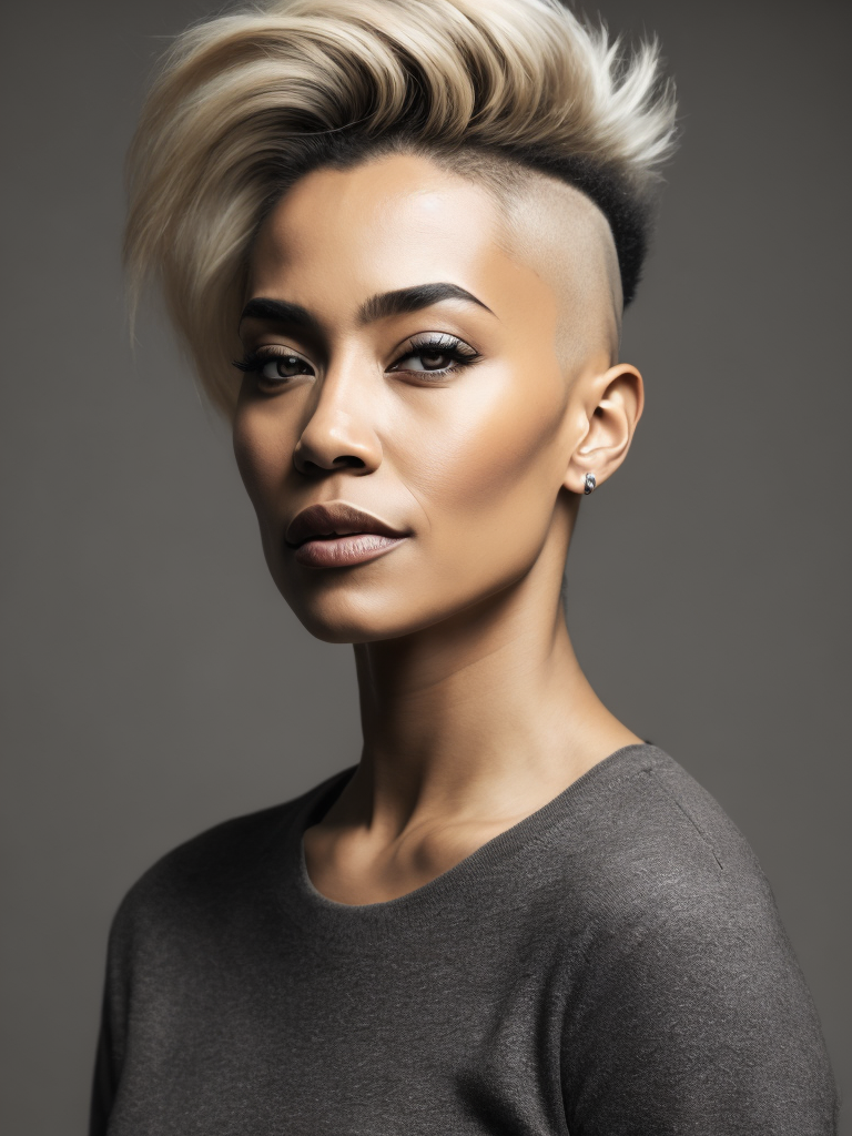 a 42 yo woman, blonde, (hi-top fade:1.3), dark theme, soothing tones, muted colors, high contrast, (natural skin texture, hyperrealism, soft light, sharp)