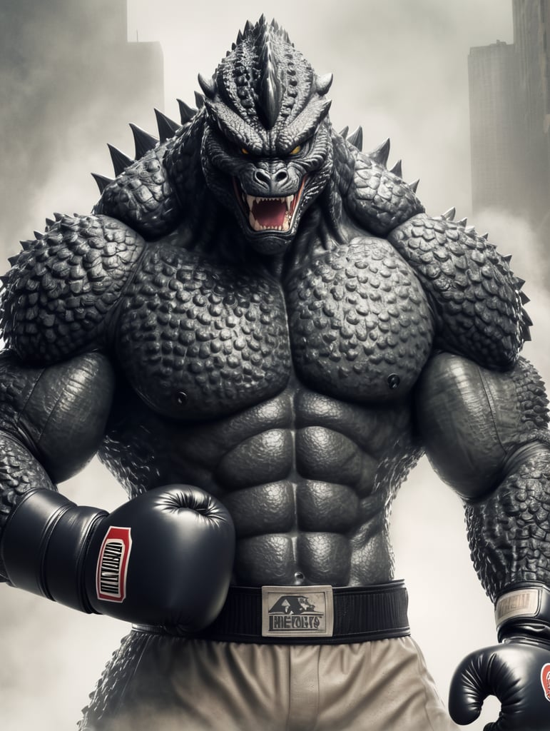 godzilla with abs sweating wearing boxing gloves