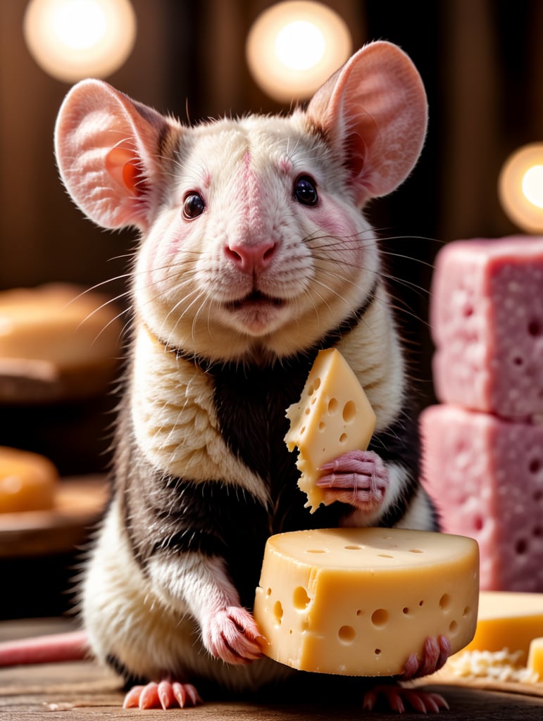 cute pink rat holding a cheese