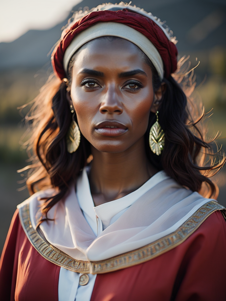 African woman and white tees brown Rembrandt Light. portrait style. Mountains in the background. Red medieval dress from the time of the Eghipt Empire. Perfectly, beautifull. Brown Hair color with white. Happyness. 50mm lens. half body style photography.