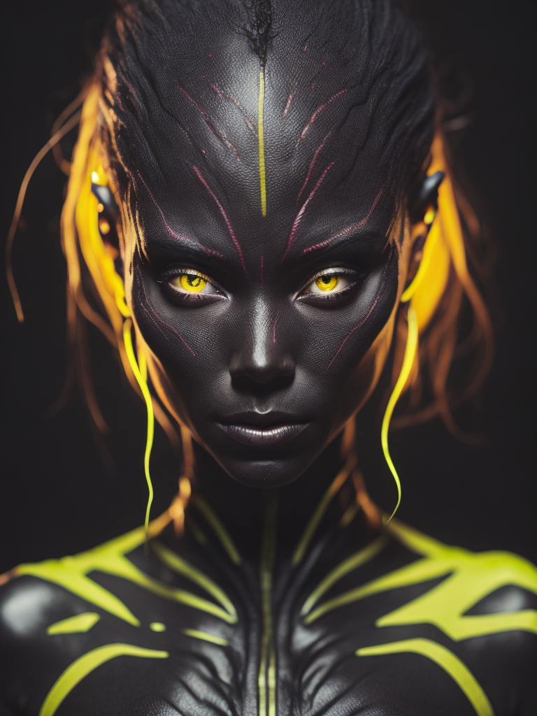 Beautiful alien girl with pink skin and yellow eyes, portrait, black background