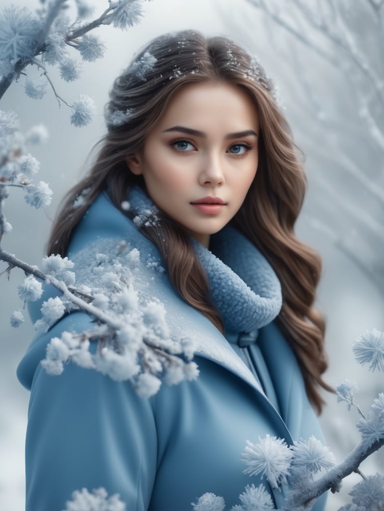 realistic real 8K, 3D, winter background beautiful girl in blue winter coat frozen flowers and hoarfrost branches