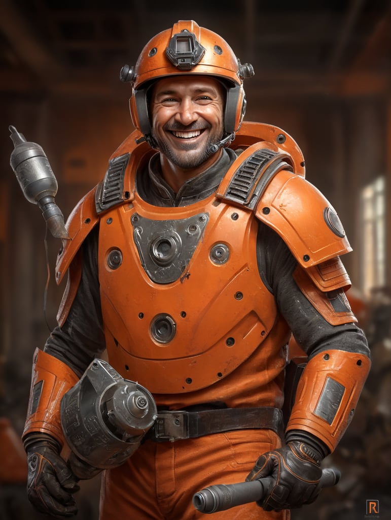 happy worler using helmet, on orange clothes, with a drill on his hand, smiling, brown eyes