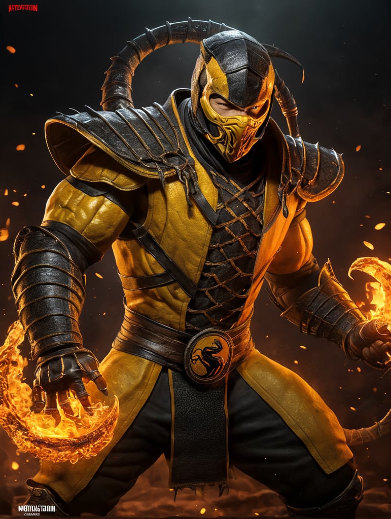 Scorpion from Mortal Kombat, cartoon style, fire