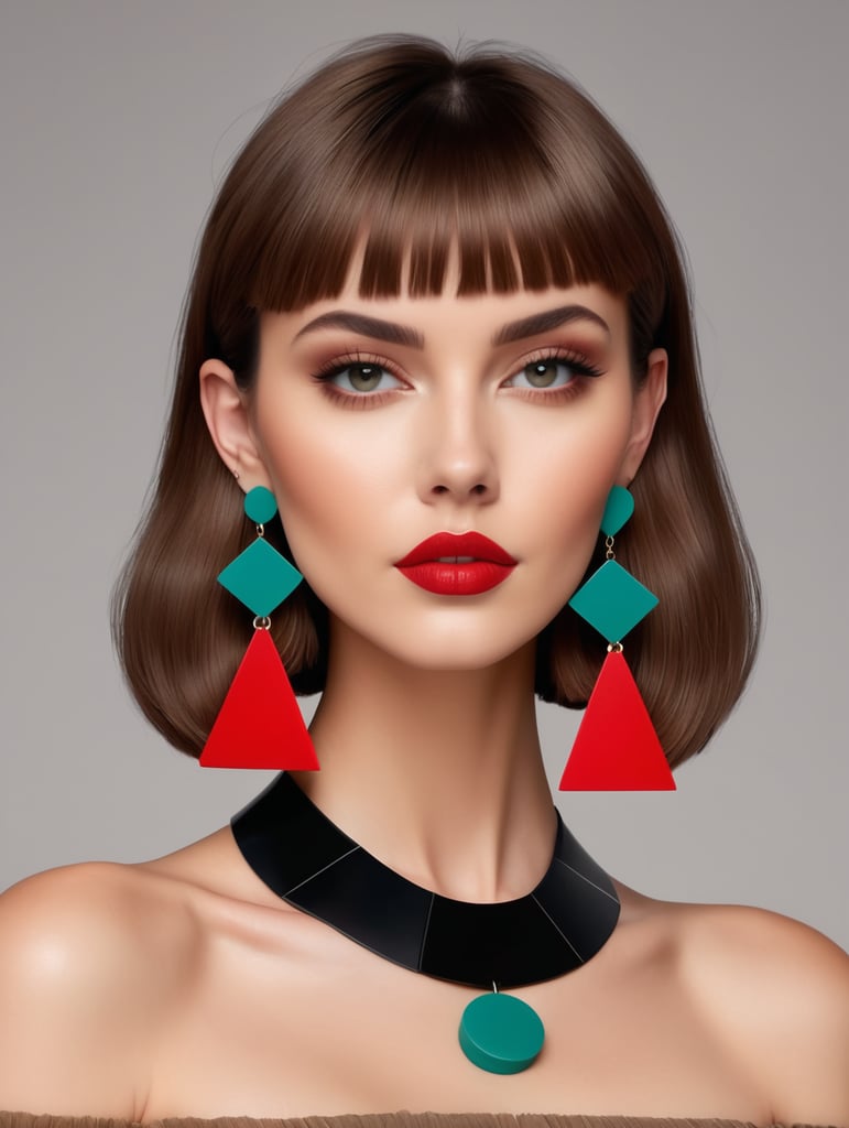 huge long silicone geometric earrings, big silicone geometric necklace, brunette short bob haircut female model, round doll face, italian make-up red lips, shoulders