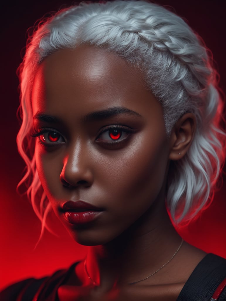 black girl on a red background, red light reflection on her face, White hair