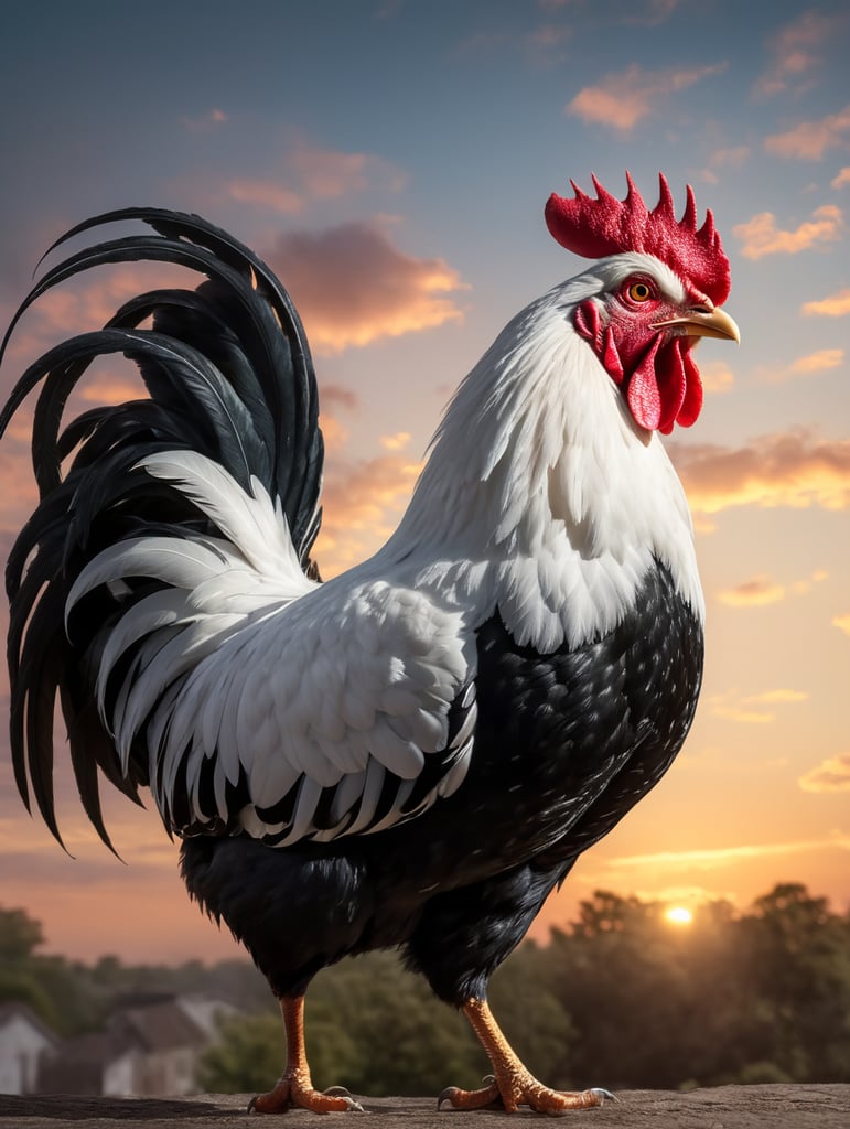 beautiful photorealistic rooster in white crowing in morning outside, beautiful morning sky