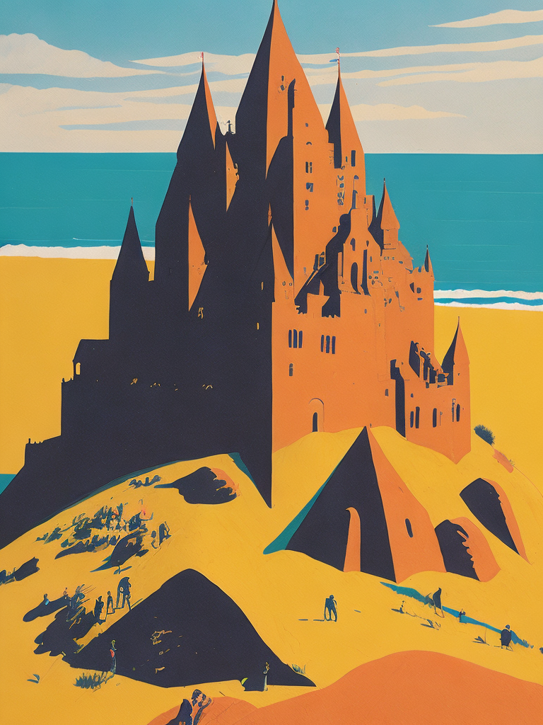 George Wilson's artwork is a colorful illustration of a sand castle against a bright sky, drawn on pulp paper.