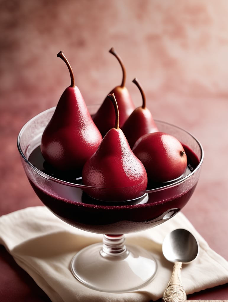 Red Wine Poached Pear with Cream, blurred background